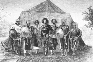 O rei Menelik II cercado por seus chefes de armas.