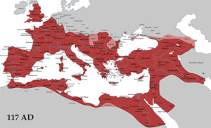 O Império Romano em 117 d.C., durante o governo do Imperador Trajano (clientes em rosa).