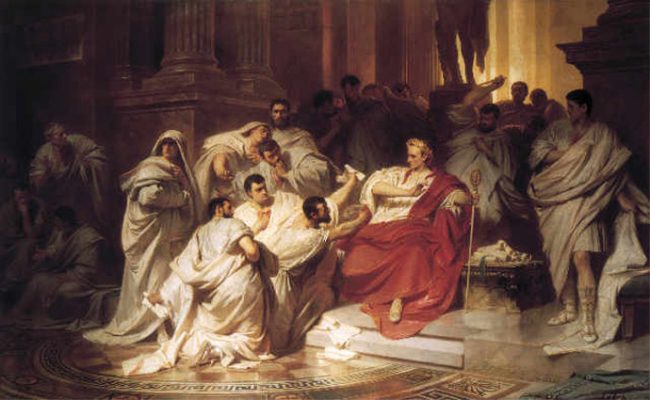 O assassinato de Júlio César, enquanto ele era ditador.