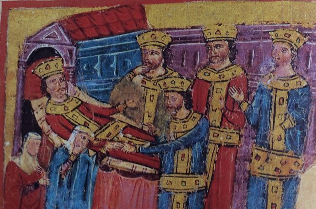 Leito de Morte de Alexandre, ilustração no Códice 51 (Alexander Romance) do Instituto Helênico. A figura no centro é Perdicas, recebendo o anel do Alexandre sem palavras.