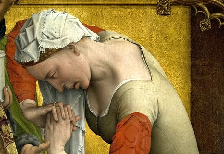 Detalhe de Maria Madalena chorando com a crucificação de Jesus, como retratado em 'A Descida da Cruz' (c. 1435)