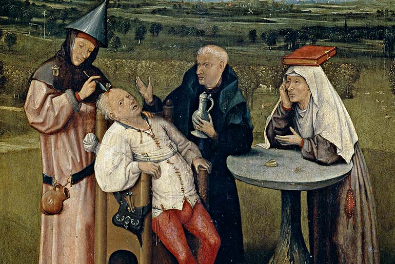 'Extraindo a pedra da loucura' por Hieronymus Bosch, século XV