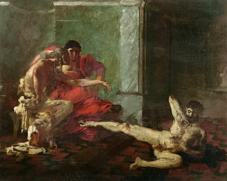 Um esboço do século XIX de Locusta testando venenos em um escravo.