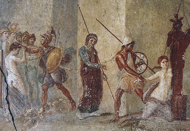 Menelau captura Helen em Tróia, Ajax, o Menor, arrasta Cassandra de Palladium diante dos olhos de Priam, afresco da Casa del Menandro, Pompéia