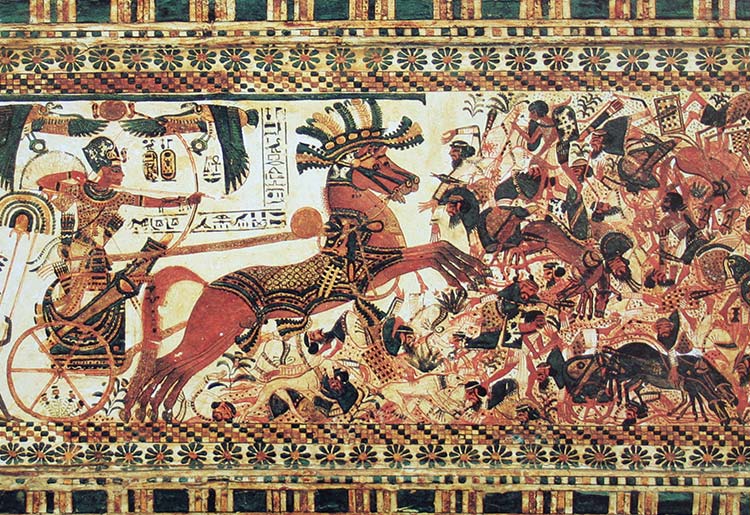 O faraó Tutancamon destruindo seus inimigos, pintando em madeira