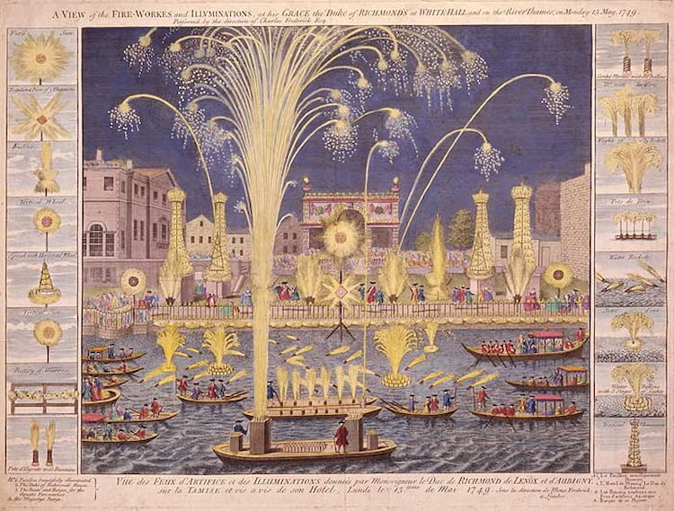 Uma gravura de fogos de artifício reais sobre Whitehall em 1749, a ocasião para a qual George Frideric Handel compôs sua Música para os Fogos de Artifício Reais.